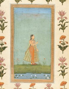 Lady holding a flower, standing by a lily pond, from the Small Clive Album by Mughal School