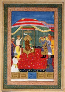 The Mughal Emperor Babur (1526-30) sitting on a throne receiving a prince, Johnson Album I, no.3 numbered 65