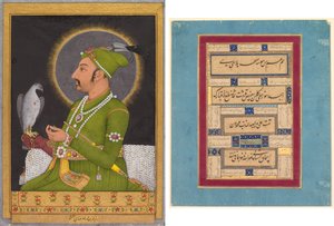 Posthumous Portrait of the Mughal Emperor Muhammad Shah Holding a Falcon (recto); Calligraphy (verso)