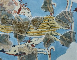 Fresco from Tirinto Palace (Greece). Detail: Group of Dogs Attacking a Wild Boar. Mycenaean Civilization