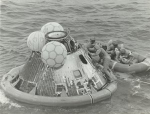 Astronauts in Lifeboat After Apollo 11 Splashdown by NASA Images