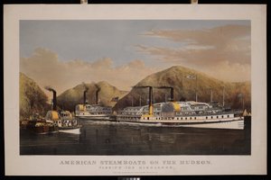 American Steamboats on The Hudson. Passing the Highlands. Drew, St John and Excelsior