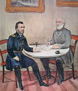 General Robert E. Lee surrenders to General Ulysses S. Grant at Appomattox Courthouse, 9th April 1865