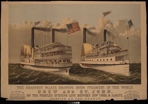 The Grandest Palace Drawing Room Steamers in the World, Drew and St John of the Peoples Evening Line between New York & Albany by N. and Ives J.M. (1824 95) Currier