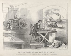 The Progress of the Century: The Lightning Steam Press, The Electric Telegraph, The Locomotive, The Steamboat by Currier and Ives