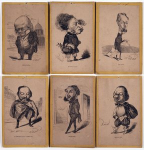 6 Charge Portraits: Pierre Jean de Beranger (1780-1857) French songwriter, Alexandre Dumas fils (1824-1895), Louis Adrien Huart (1813-1865) French journalist, writer and theatre director, Gerard de Nerval (1808-1855), French writer, Charles Matharel de Fie