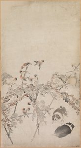 Puppies, Sparrows and Chrysanthemums by Nagasawa Rosetsu
