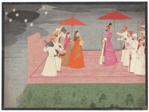 Musicians playing a raga for Balwant Dev Singh during the rainy season