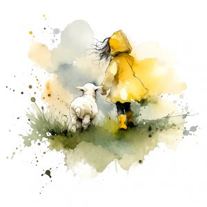 Child in Yellow Raincoat Walking with Lamb