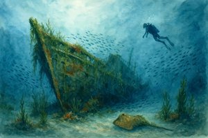 Diver Exploring Shipwreck by Natalie Bruns