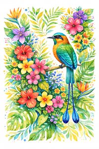Motmot in Tropical Blooms