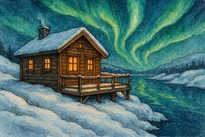 Winter Cabin Northern Lights by Natalie Bruns