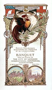 Rooster and Monuments, banquet menu of the Republican Committee on Trade, Industry and Agriculture offered 22.11.1906 to the delegates of the City of London international commercial association by Nathan Weill