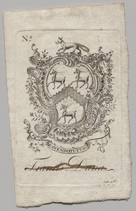 Bookplate: Coat of Arms with Francis Dana inscribed by Nathaniel Hurd
