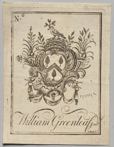 Bookplate: Coat of Arms with William Greenleaf Jun.r inscribed by Nathaniel Hurd