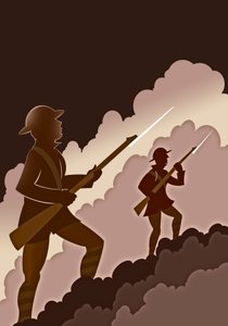 World War One soldiers with bayonets - emerging from trenches by Neale Osborne