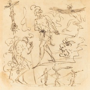 Sheet of Studies with a Soldier Drawing a Sword, a Crucifix, Monstrous Animals, and Other Figures by Neapolitan 17th Century