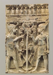 Furniture Plaque Carved in High Relief with Two Egyptianizing Figures Flanking a Volute Tree, c.9th-8th Century BC