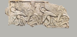 Furniture plaque carved in relief with two falcon-headed sphinxes trampling captives by Neo Assyrian Neo Assyrian