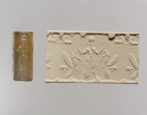 Cylinder Seal and Modern Impression: Male Figure Dominating Human-Headed Winged Lions, c. 8th-7th Century BC by Neo Assyrian Neo Assyrian