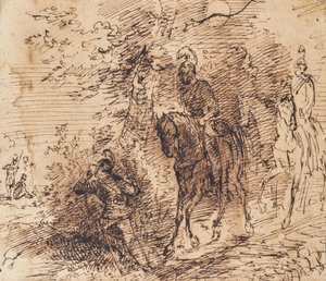 Mounted Soldiers Observing Three Other Soldiers