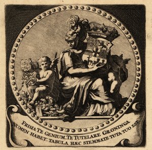 Allegorical figure of Friesland and Groningen with coats of arms