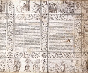 Illuminated Manuscript in Sephardic Script, Showing Scenes of Dutch Life and the Bible with Floral Cartouches by Netherlandish School