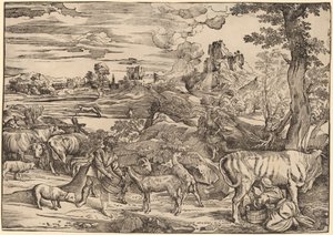 Landscape with a Milkmaid by Niccolò Boldrini after Titian