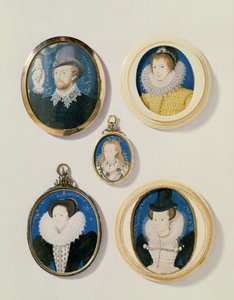 Miniatures, from L to R, T to B: Man with a Hand from a cloud; Unknown Young Man, 1588; Mrs Holland aged 26, 1593; Arabella Stuart, Duchess of Lennox; Unknown Lady by Nicholas Hilliard