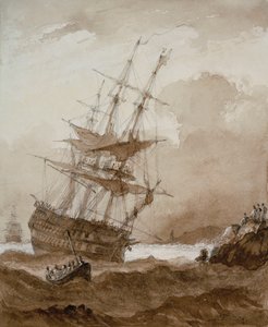 Two-decker in a gale off shore by Nicholas Pocock