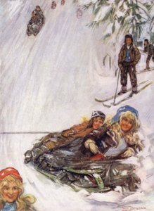 Norway: Girls on Overturned Sledge, Holmencollen by Nico Jungman
