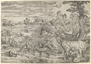 Landscape with a milkmaid at right and a boy at left by Nicolò Boldrini