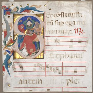 Fragment of an Antiphonary with Historiated Initial S: The Stoning of St. Stephen, c. 1370-1372 by Nicolò da Bologna