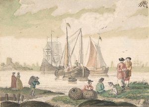 Seascape with Seven Figures and a Dog by Nicolaas Aartman