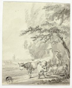 Man Herding Cows and Sheep