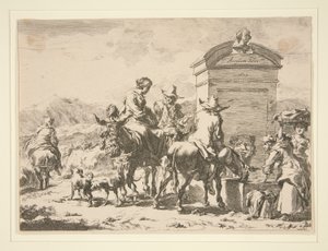 Untitled - Genre Scene with People on Donkeys and a Tombstone by Nicolaes Berchem