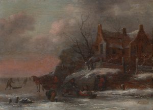 A Winter Landscape with Figures Sledding on a Frozen River by Nicolaes Molenaer
