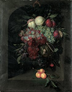 Swag of Grapes, Peaches, Plums and Cherries with a Snail in a Stone Niche with a Bunch of Apricots and Bee on a Ledge by Nicolaes Van Gelder