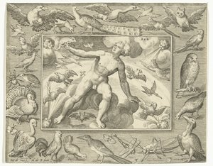 Element Air as a Young Man on Clouds Among Flying Birds by Nicolaes de Bruyn
