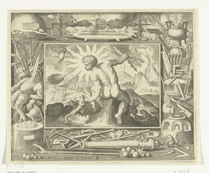 Element Fire as a Young Man with Lightning Bolts, Ignis (title on object), The Four Elements (series title) by Nicolaes de Bruyn