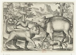 Leopard, Wild Boar and Two Dogs (series title) Animalivm qvadrvpedvm (series title) Animals in Landscapes by Nicolaes de Bruyn