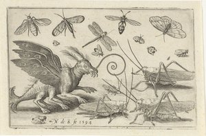 Grasshoppers and Fantasy Creature with Wings and Webbed Feet Birds and Insects (series title) by Nicolaes de Bruyn
