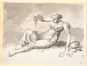Autumn, a seated woman pressing grapes by Nicolai Abildgaard