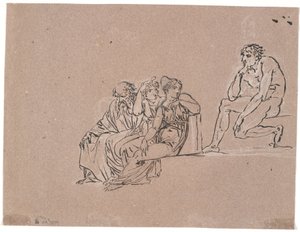 A Group Consisting of an Old Man and Two Seated Women, Turning Towards a Man Sitting Higher Up
