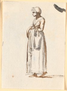 A Woman Walking to the Left with a Basket over Her Arm