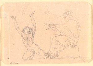A Man Dressed in a Toga Sitting with a Lantern in His Left Hand, to His Left Kneels a Naked Man with Raised Arms by Nicolai Abildgaard