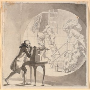 A Man with a Magic Lantern Shows a Theft Happening Right Under the Nose of the Sleeping Watchman