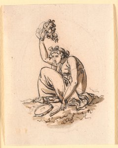 A Seated Woman Lifting a Mask High Above Her Head by Nicolai Abildgaard