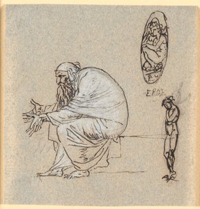 A Seated Long-Bearded Old Man in Profile to the Left with Outstretched Hands. Beside Him an Eros Figure in an Oval and a Standing Naked Young Man by Nicolai Abildgaard