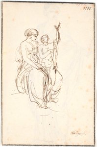 A seated young woman with a standing naked boy raising one arm by Nicolai Abildgaard